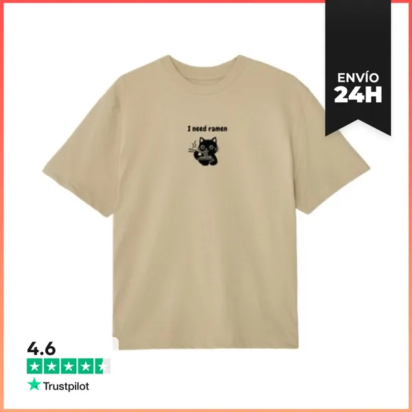 Camiseta Oversize Gato Negro Kawaii Amante De Los Fideos Ramen