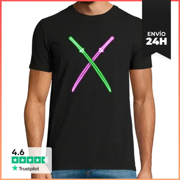 Camiseta Hombre Clásica Katana De Neón Púrpura Y Verde