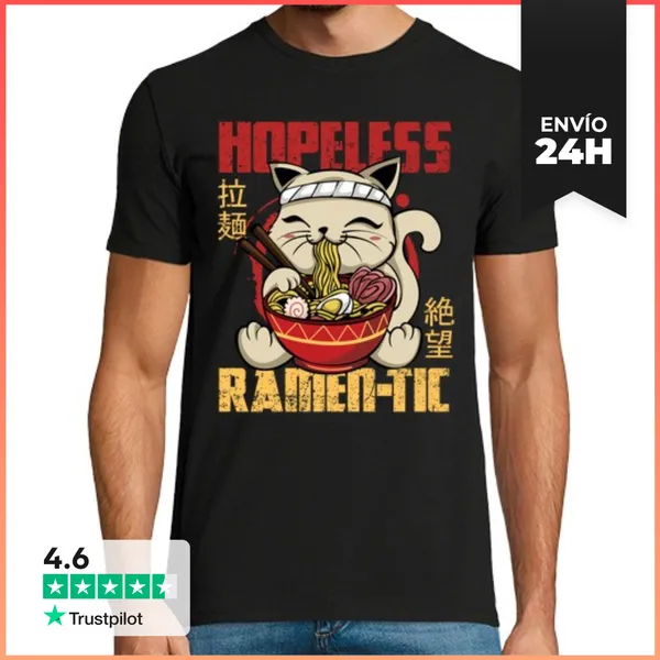 Camiseta Hombre Clásica Ramen Cat Románticas Ramic Graciosas