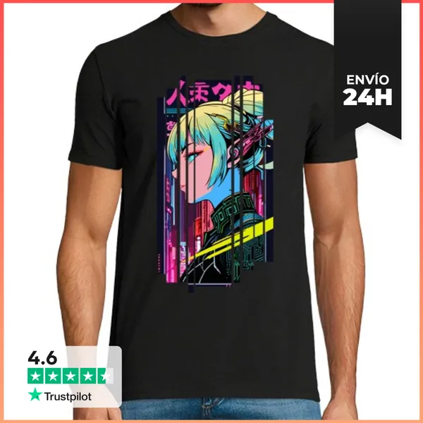 Camiseta Hombre Clásica Mujer Cyberpunk Neón Azul LaTostadora