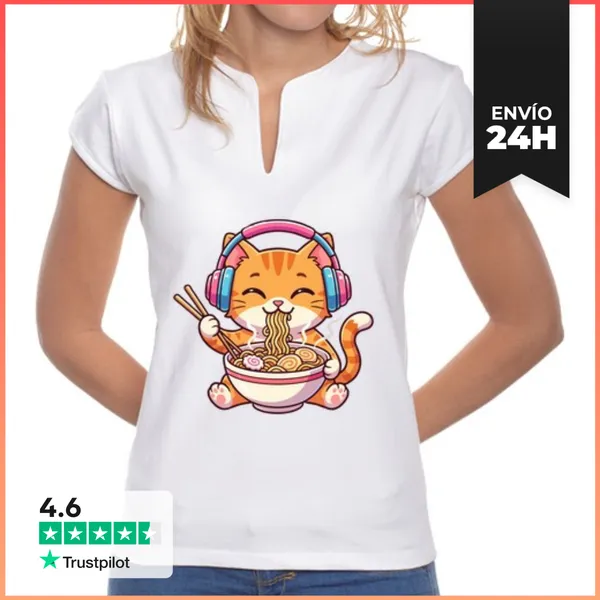 Camiseta Mujer Cuello Mao Gato Kawaii Ramen Música LaTostadora