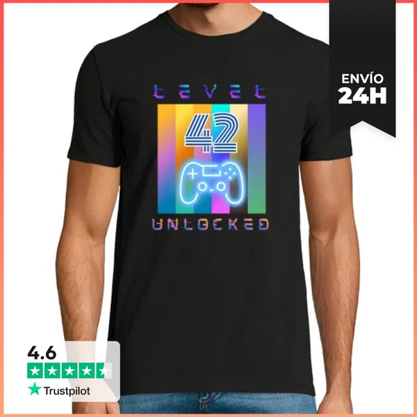Camiseta Hombre Clásica Camiseta Gamer Level 42 Unlocked - Regalo