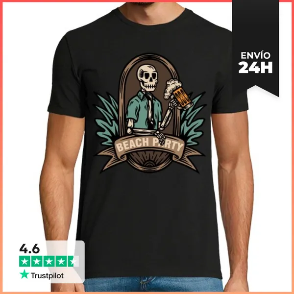 Camiseta Hombre Clásica BEACH PARTY ESQUELETO CERVEZA PLAYA