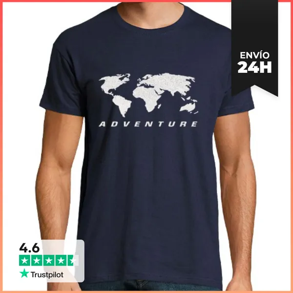 Camiseta Hombre Clásica Mapa Mundi Adventure Camping Caravana