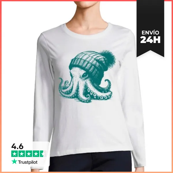 Camiseta Mujer Manga Larga PULPO CON GORRO DE LANA LaTostadora
