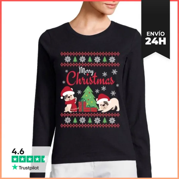 Camiseta Mujer Manga Larga Navidad Bulldog Francés Feliz Navidad