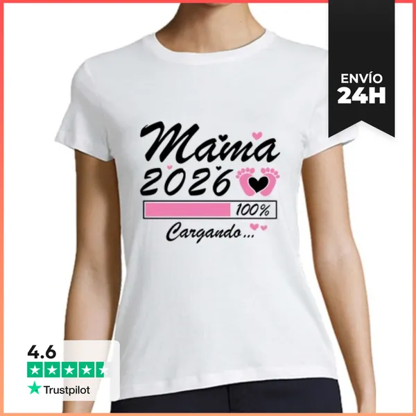 Camiseta Mujer Clásica Mamá 2026 Cargando, Futura Mamá, Anuncio