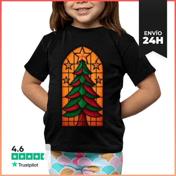 Camiseta Clásica Para Niños Arbol De Navidad Vidriera Dorada