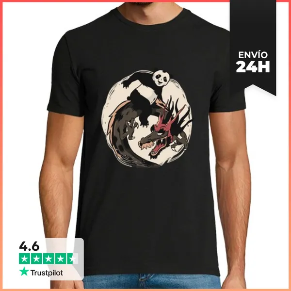 Camiseta Hombre Clásica Panda Montando Dragón Asiático