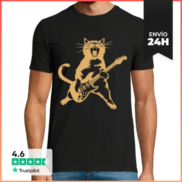 Camiseta Hombre Clásica Gato Guitarra Eléctrica Rock And Roll