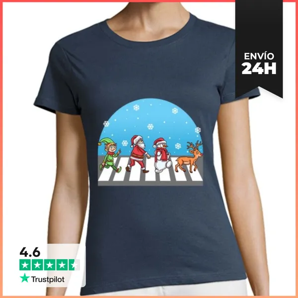 Camiseta Mujer Clásica Abbey Road Navidad Papá Noel Reno Y Muñeco