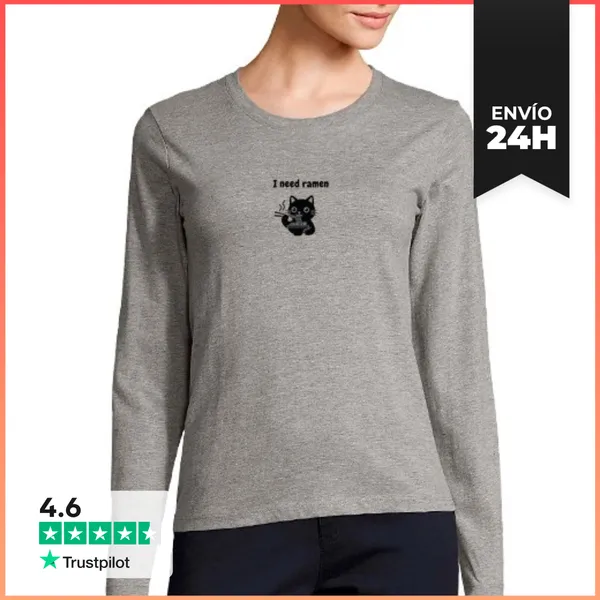 Camiseta Mujer Manga Larga Gato Negro Kawaii Amante De Los Fideos