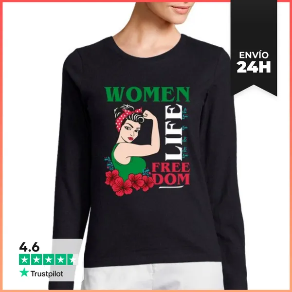 Camiseta Mujer Manga Larga Mujeres Vida Libertad Lindas Mujeres