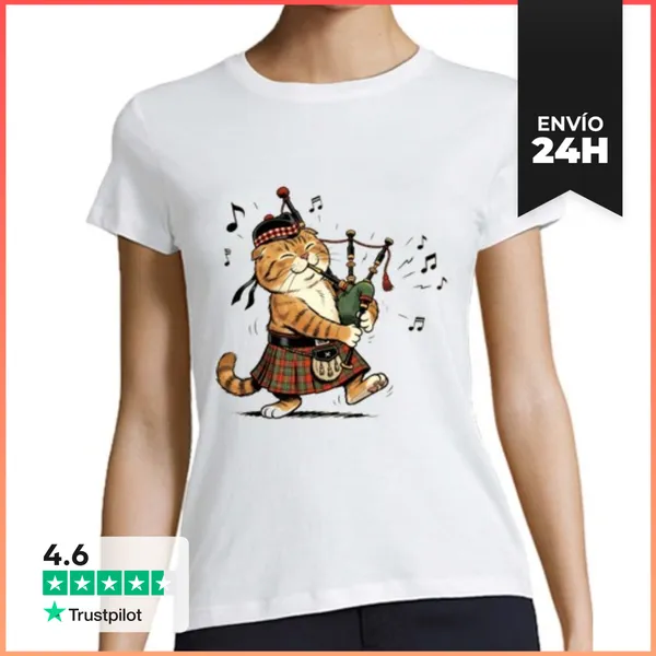 Camiseta Mujer Clásica Gato Escocés Que Toca La Gaita, Cuello En