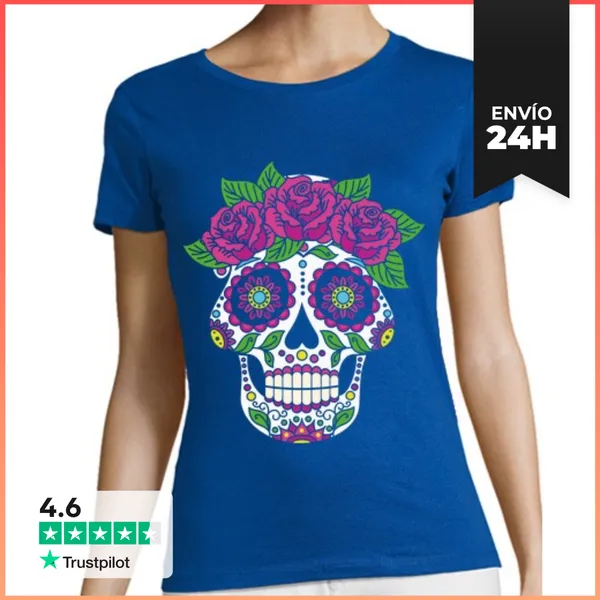 Camiseta Mujer Clásica Calavera Catrina Flores Color LaTostadora