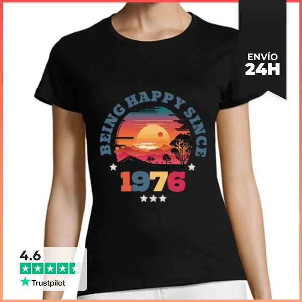 Camiseta Mujer Clásica Being Happy Since 1976 Vintage Sunset