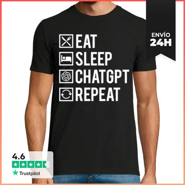 Camiseta Hombre Clásica Comer Dormir Chatgpt Repetir Ia Humor