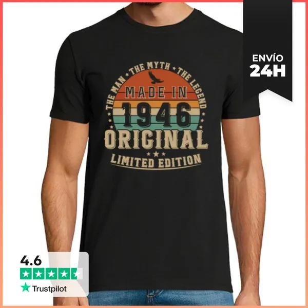 Camiseta Hombre Clásica 80 Años 1946 Vintage Retro Aniversario
