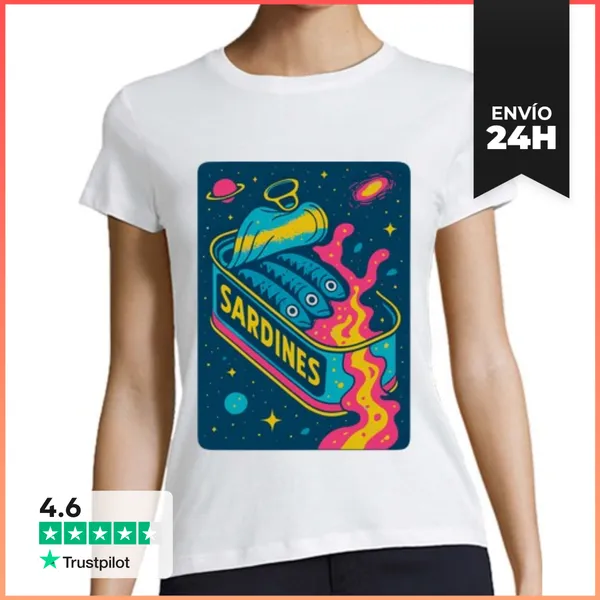 Camiseta Mujer Clásica Sardinas Cósmicas Arte Retro Psicodélico