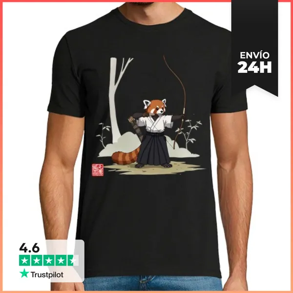 Camiseta Hombre Clásica Lindo Panda Rojo Samurái Arquero Kyudo