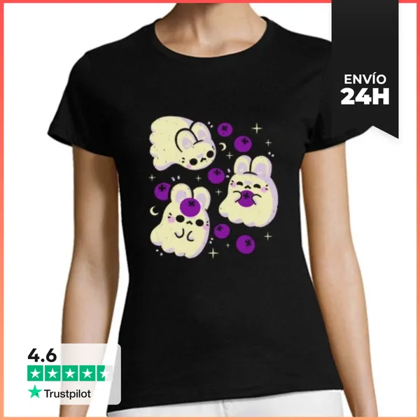 Camiseta Mujer Clásica Lindos Fantasmas De Conejitos Y Arándanos