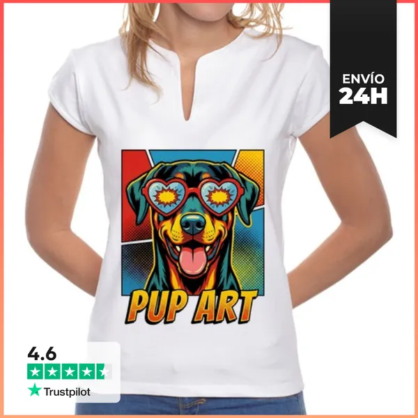 Camiseta Mujer Cuello Mao Perro Doberman Pinscher Retro Pop Art