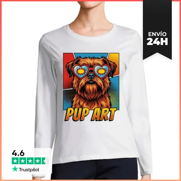 Camiseta Mujer Manga Larga Perro Retro Brussels Griffon Pop Art
