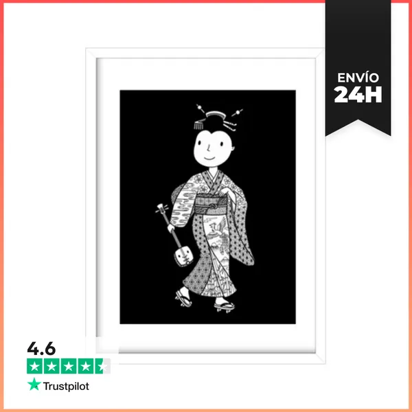 Cuadro Con Marco Vertical Kimono Japonés Tradicional Shamisen