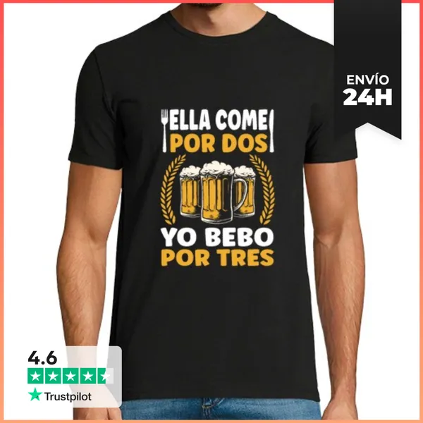 Camiseta Hombre Clásica Ella Come Por Dos Yo Bebo Por Tres