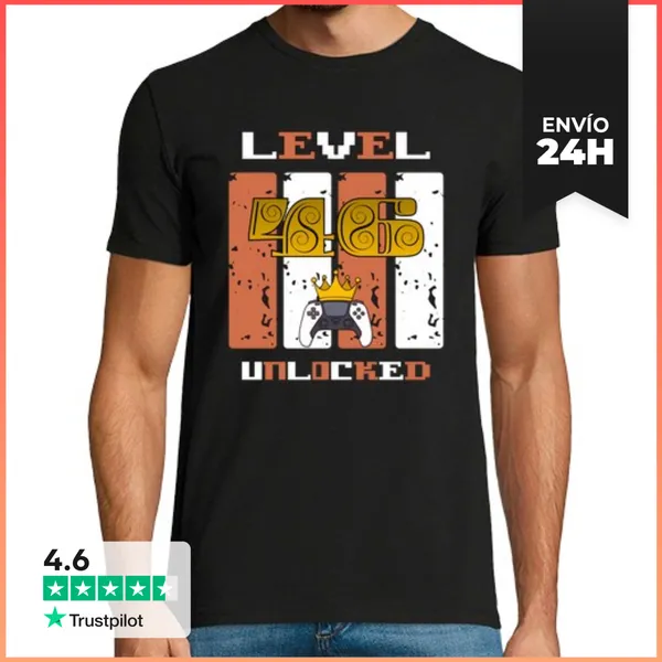 Camiseta Hombre Clásica Level 46 Unlocked Gaming Vintage - Regalo