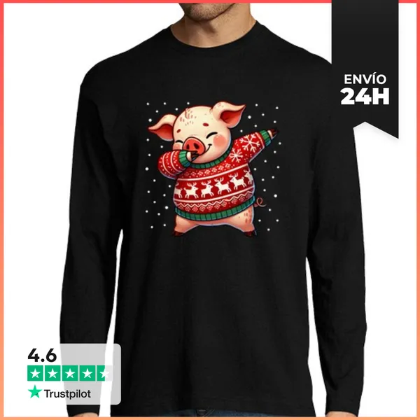 Camiseta Hombre Manga Larga Amante De Los Cerdos Navideños Hpg