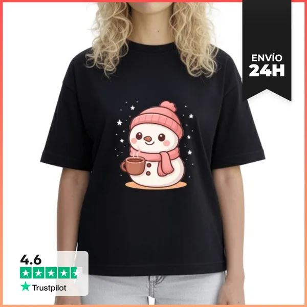 Camiseta Mujer Boxy Ilustración Navideña Cute De Muñeco De Nieve