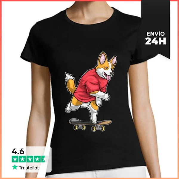 Camiseta Mujer Clásica Patineta Patinadora Corgi LaTostadora