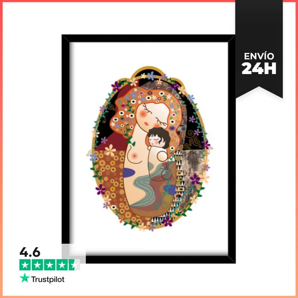 Cuadro Con Marco Vertical Kokeshi Maternidad Estilo Klimt