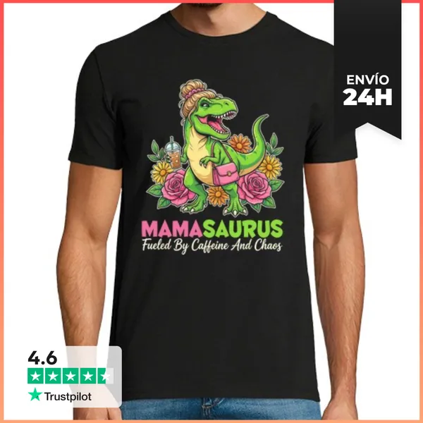 Camiseta Hombre Clásica Mamásaurio Impulsado Por Cafeínas