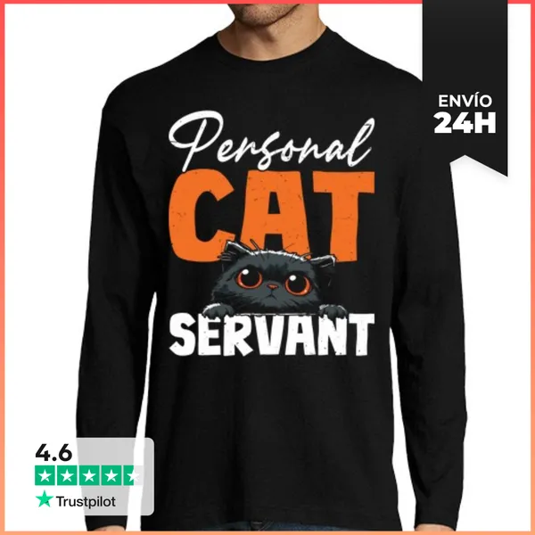 Camiseta Hombre Manga Larga Sirviente Personal De Gatos Amante De