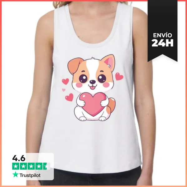 Camiseta Mujer Sin Mangas, Loose Fit Perro Kawaii Con Corazón