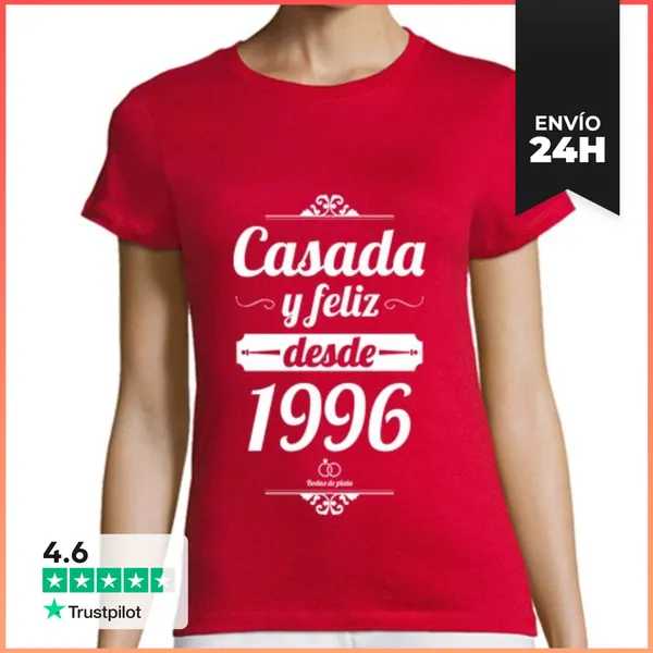 Camiseta Mujer Clásica Casada Y Feliz Desde 1996, Bodas De Plata,