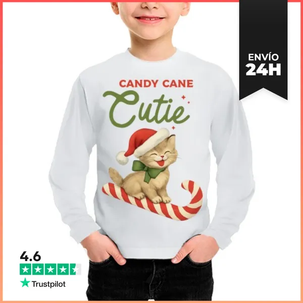 Camiseta Manga Larga Para Niños CANDY CANE CUTIE XMAS CAT
