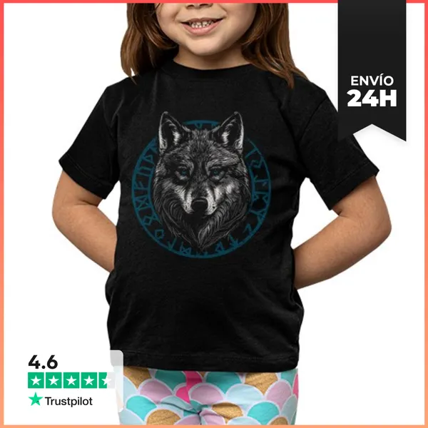 Camiseta Clásica Para Niños Dibujo De Lobo Y Runas Vikingas Club
