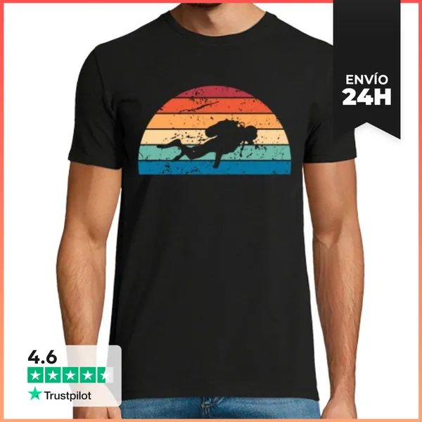 Camiseta Hombre Clásica Retro Buceo Atardecer Vintage Buzo