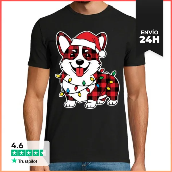 Camiseta Hombre Clásica Perro Corgi Navideno Cuadros Rojos