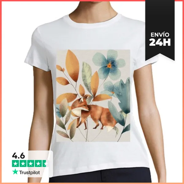 Camiseta Mujer Clásica Precioso Zorro Con Flores LaTostadora