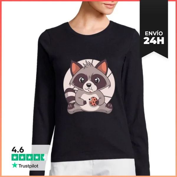 Camiseta Mujer Manga Larga Lindo Mapache Kawaii Comiendo Galleta