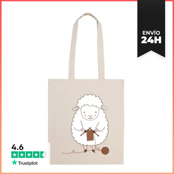 Bolsa De Tela Oveja Blanca Con Agujas De Tejer Y Ovillo De Lana