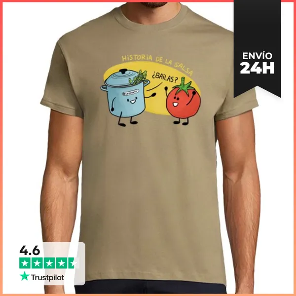 Camiseta Hombre Clásica Historia De La Salsa. Olla Y Tomate.