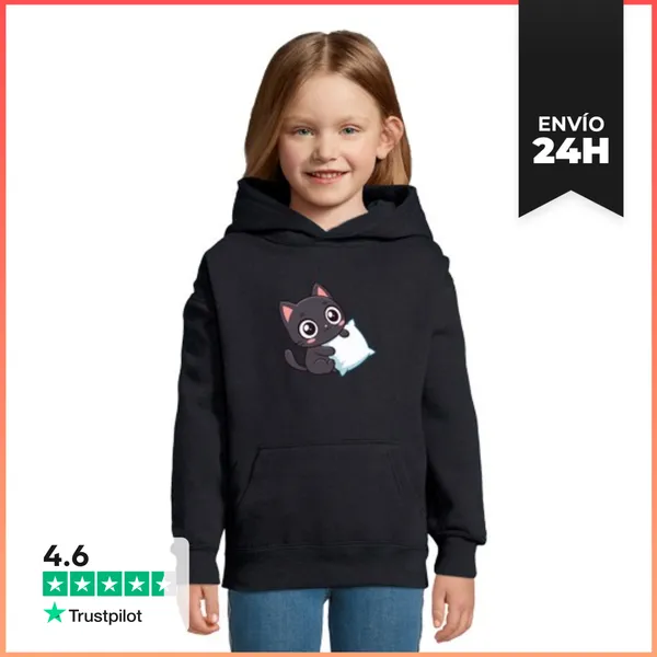 Sudadera Para Niños Con Capucha Gatito Negro Cariñoso Y Almohada