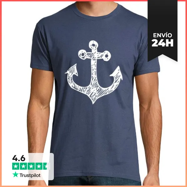 Camiseta Hombre Clásica Ancla Blanca Azul Marino (cuello Redondo)