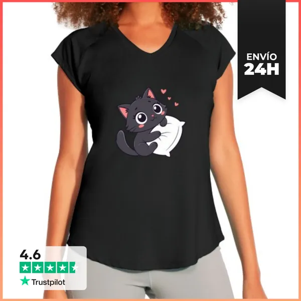 Camiseta Deportiva Mujer Gatito Negro Cariñoso Sobre Almohada