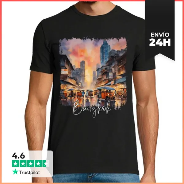 Camiseta Hombre Clásica Acuarela De Bangkok, Bangkok Tailandia